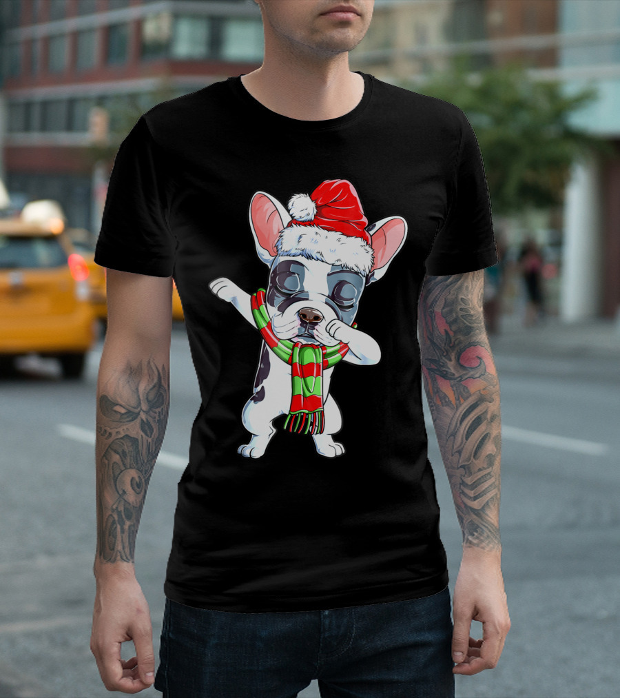 Dabbing French Bulldog Santa Christmas Scarf T-Shirt