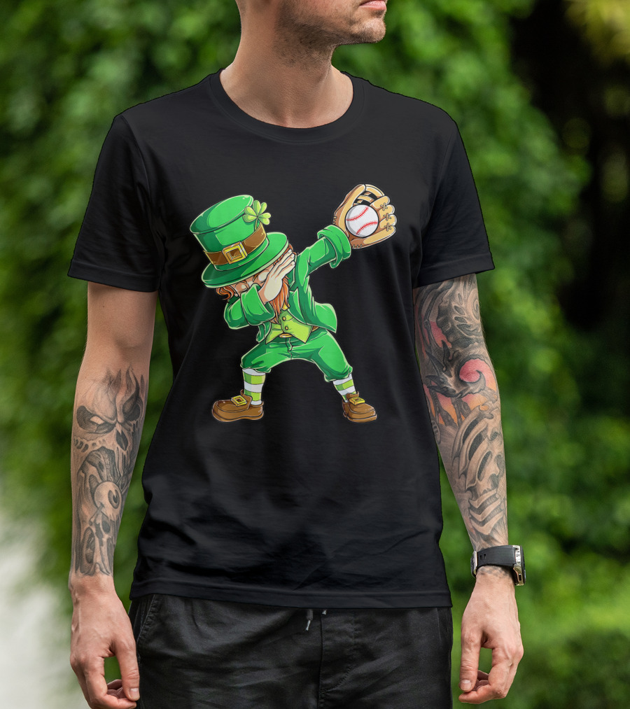 Dabbing Leprechaun Holding Baseball Glove T-Shirt