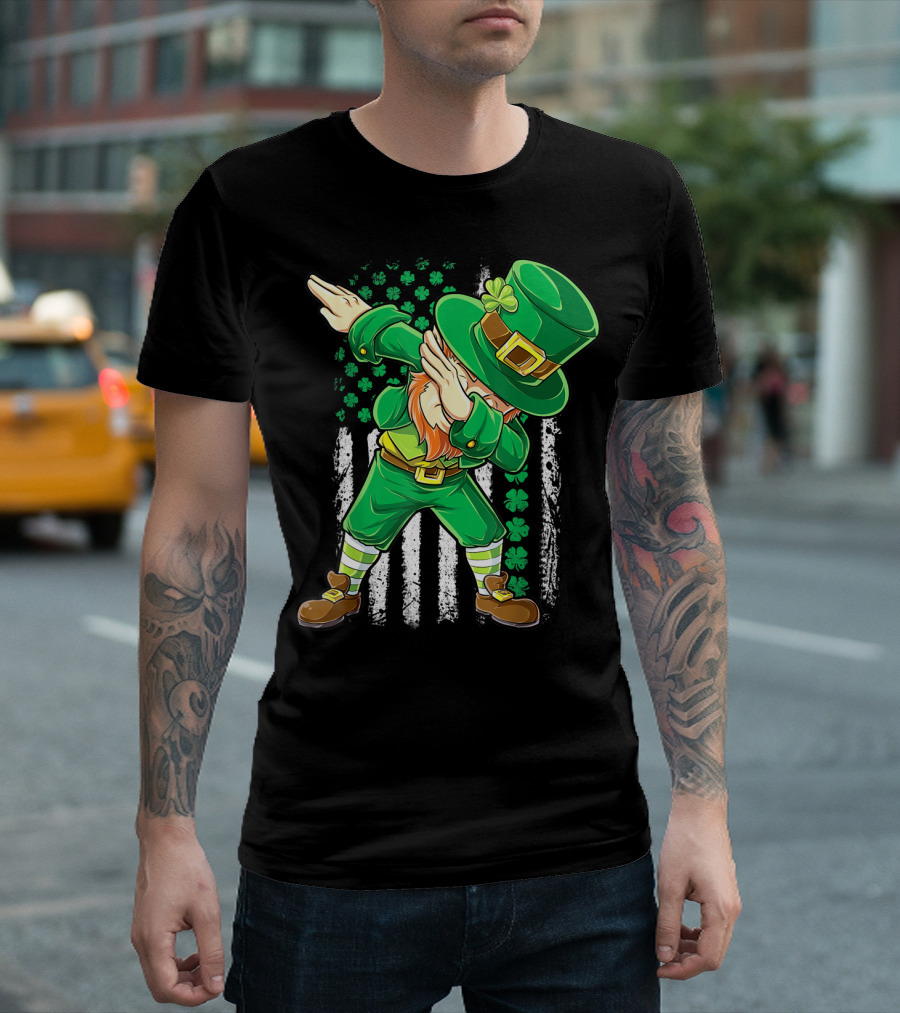 Dabbing Leprechaun with Irish American Flag Background and Shamrocks T-Shirt