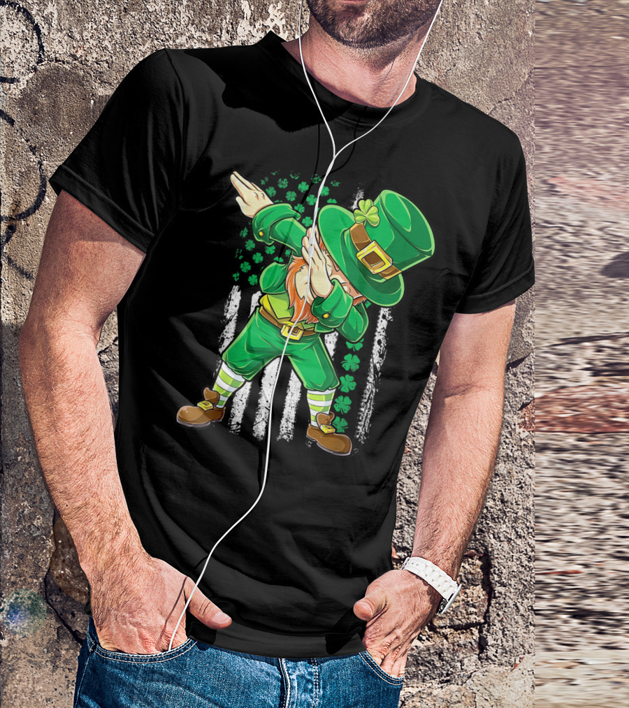 Dabbing Leprechaun With Irish American Flag Background And Shamrocks T-Shirt