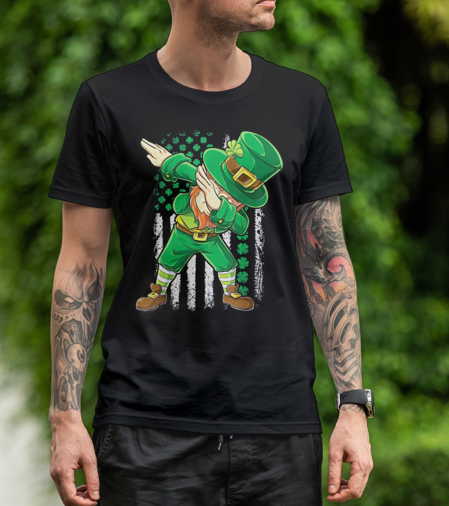 Dabbing Leprechaun With Irish American Flag Background And Shamrocks T-Shirt