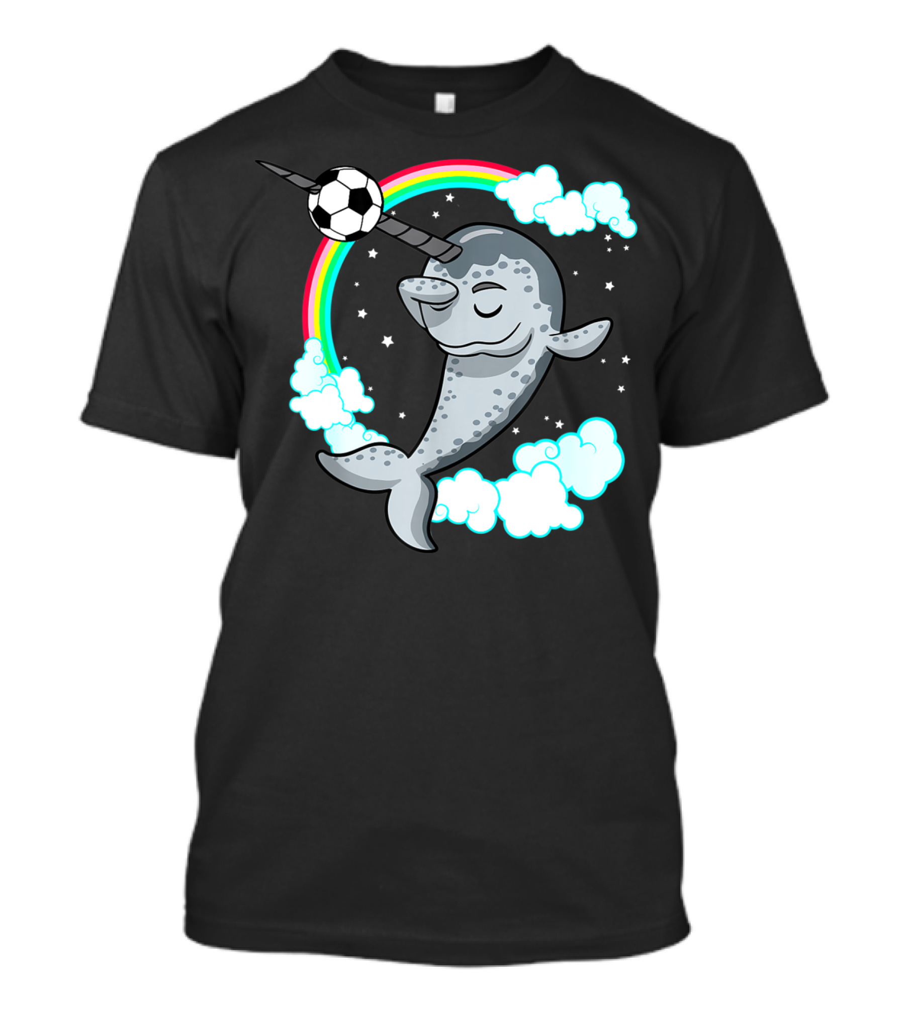 Dabbing Narwhal Soccer Rainbow Clouds Stars T-Shirt