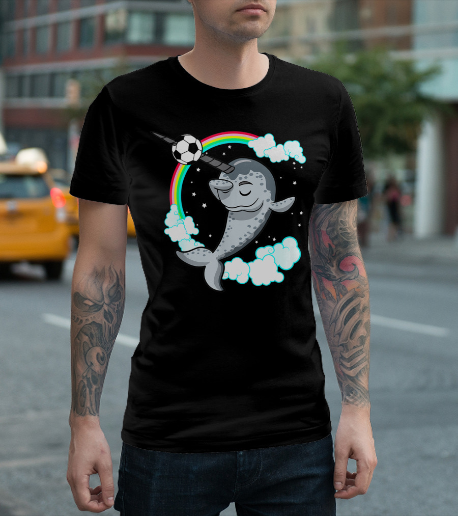 Dabbing Narwhal Soccer Rainbow Clouds Stars T-Shirt