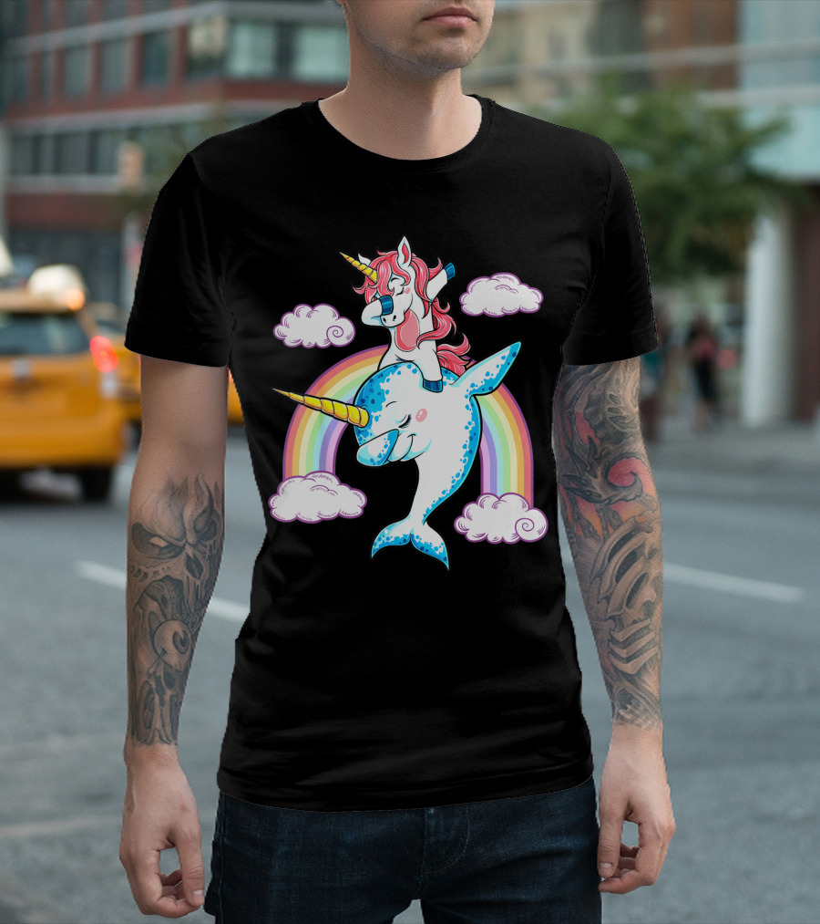 Dabbing Narwhal Unicorn Kids Rainbow Clouds Dab Squad T-Shirt