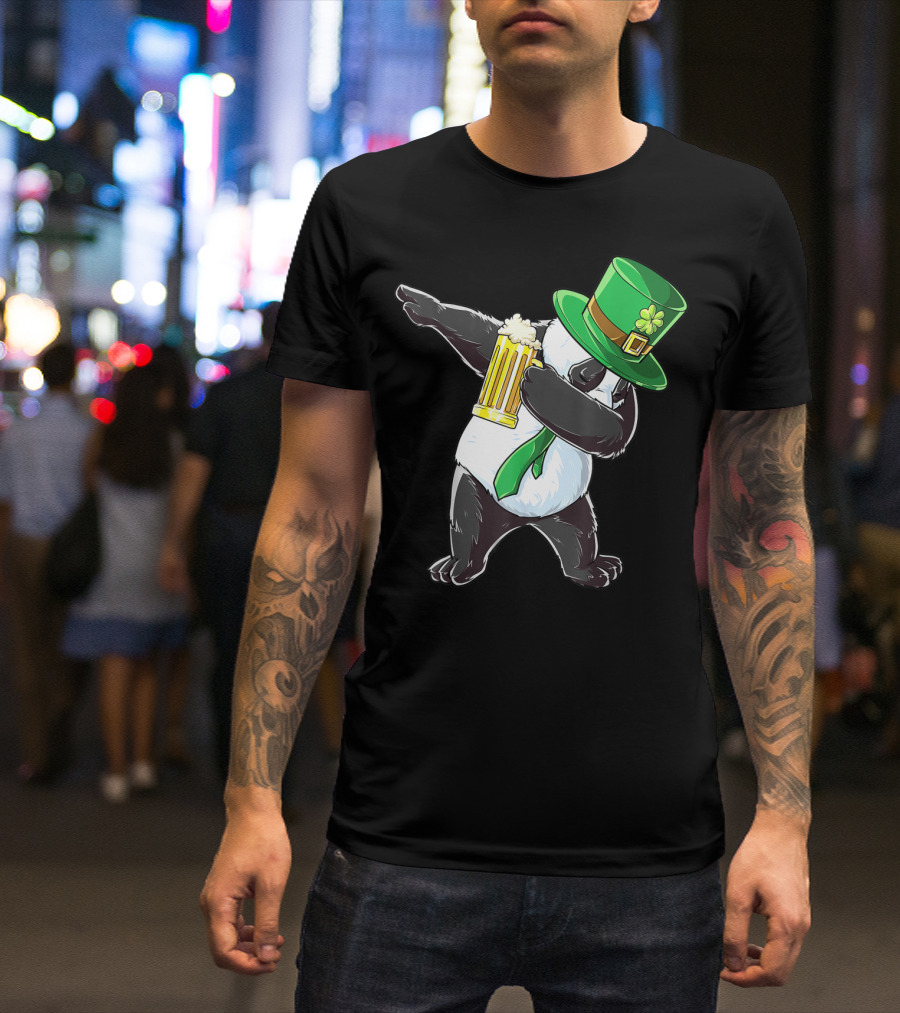 Dabbing Panda With Green Leprechaun Hat And Beer T-Shirt
