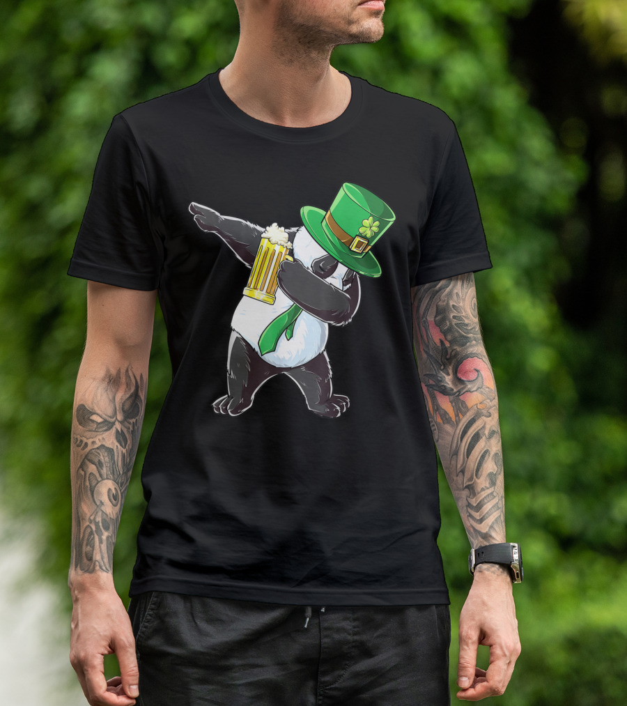 Dabbing Panda With Green Leprechaun Hat And Beer T-Shirt