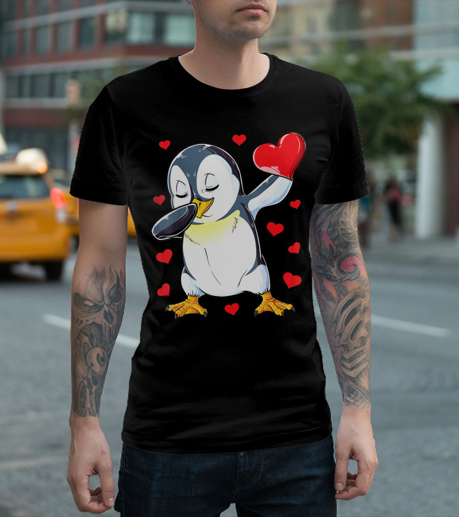 Dabbing Penguin Holding Heart Surrounded by Valentine Hearts T-Shirt