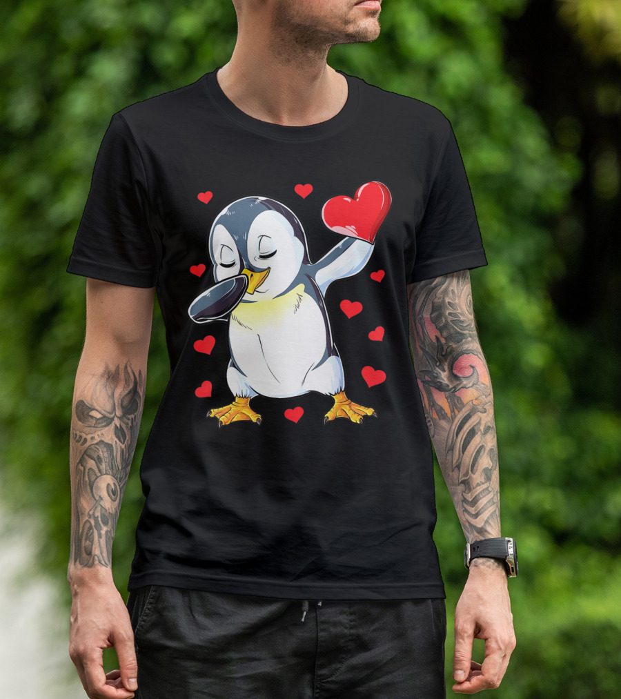 Dabbing Penguin Holding Heart Surrounded By Valentine Hearts T-Shirt