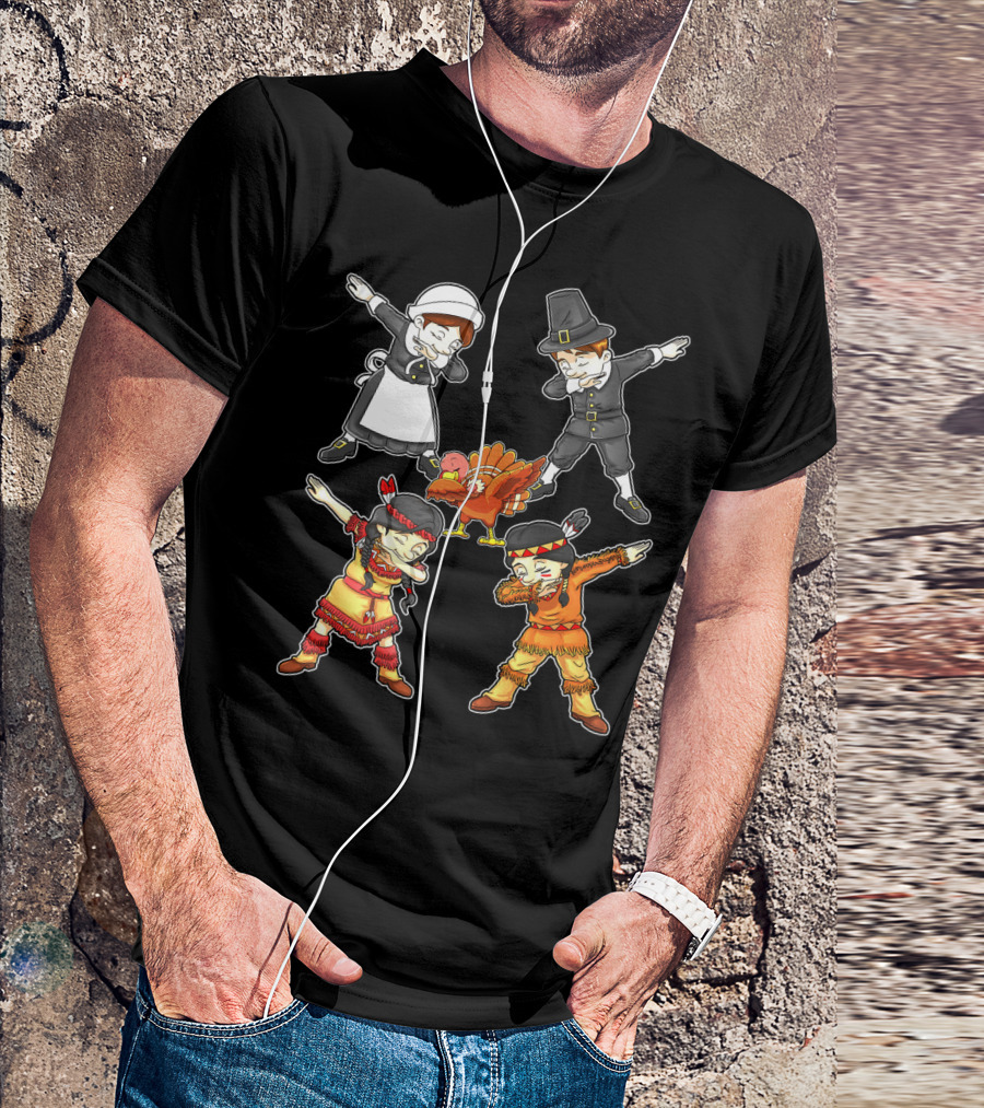 Dabbing Pilgrim And Native American Characters With Turkey T-Shirt