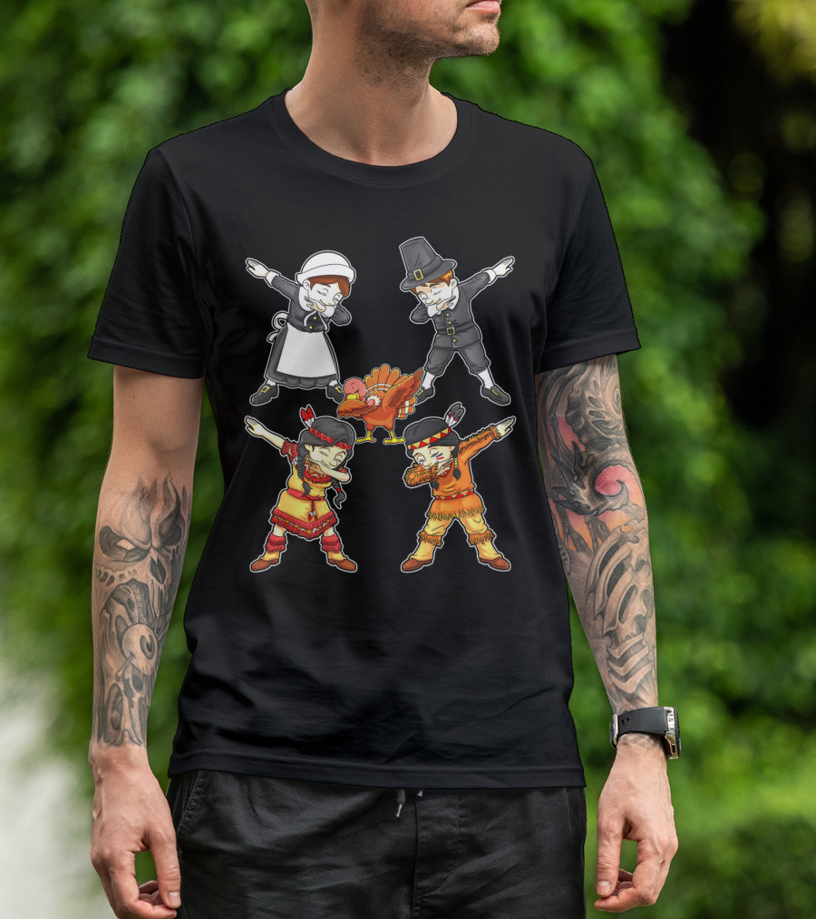 Dabbing Pilgrim And Native American Characters With Turkey T-Shirt