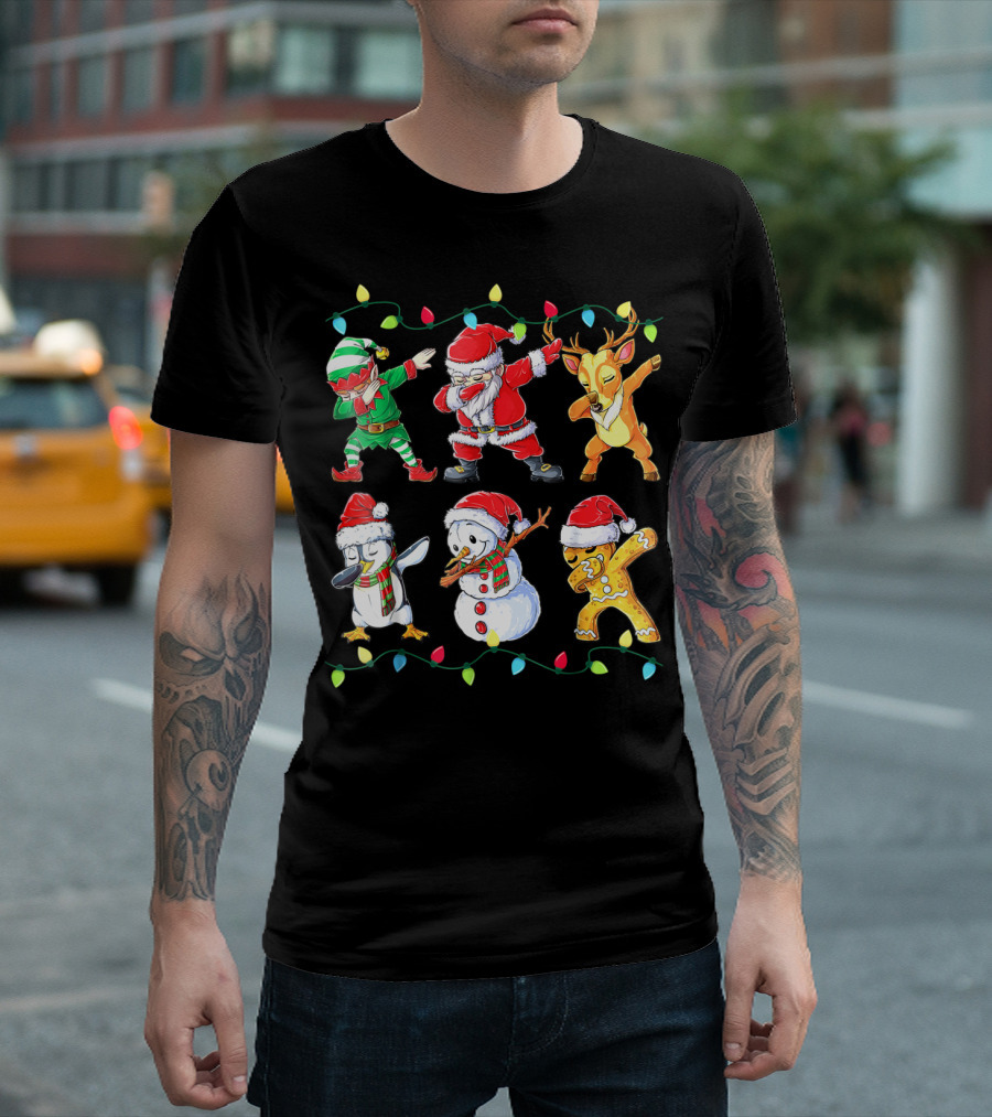 Santa Elf Reindeer Snowman Penguin Gingerbread Dabbing Friends T-Shirt