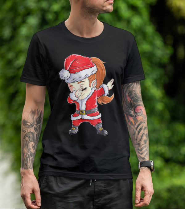 Dabbing Santa Christmas Girls Red Suit White Fur Black Boots T-Shirt