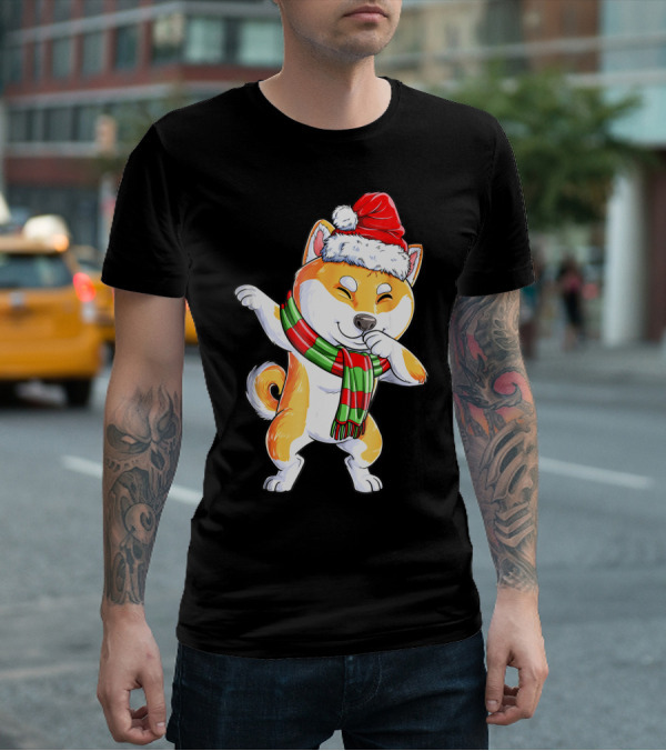 Dabbing Shiba Inu Santa Christmas Scarf Dance T-Shirt