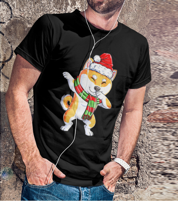 Dabbing Shiba Inu Santa Christmas Scarf Dance T-Shirt