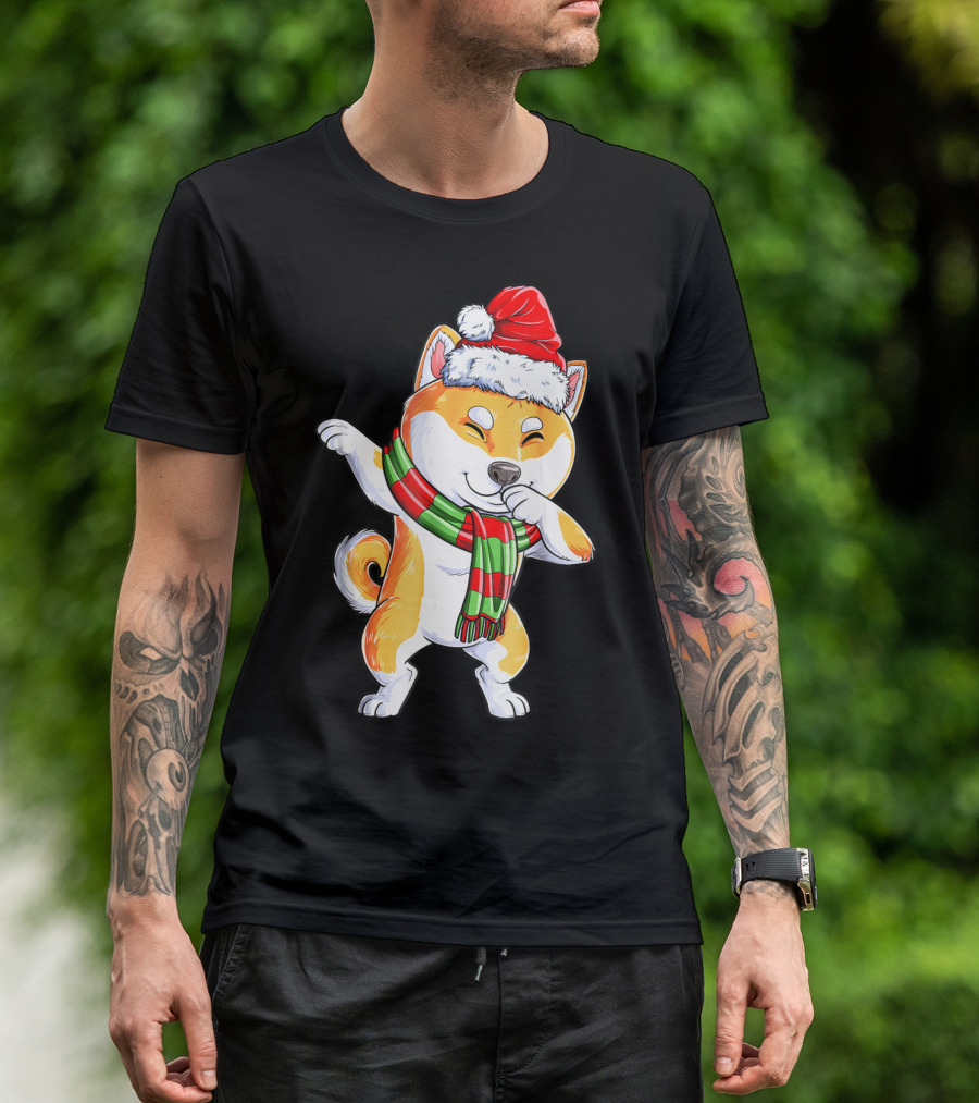 Dabbing Shiba Inu Santa Christmas Scarf Dance T-Shirt