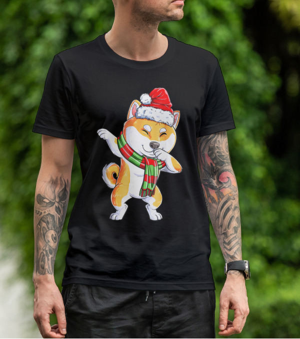 Dabbing Shiba Inu Santa Christmas Scarf Dance T-Shirt