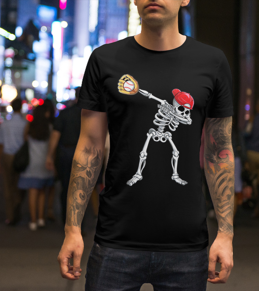 Dabbing Skeleton Baseball Halloween Boys Red Hat T-Shirt
