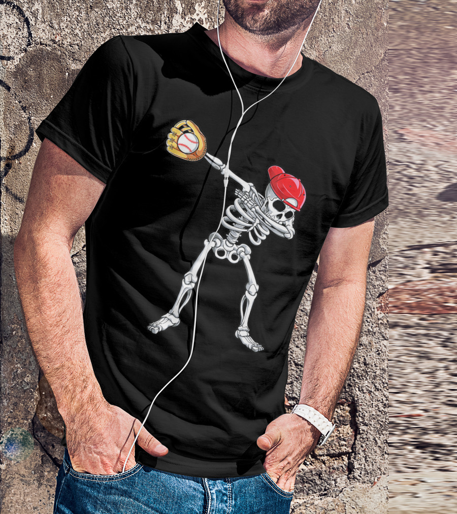 Dabbing Skeleton Baseball Halloween Boys Red Hat T-Shirt