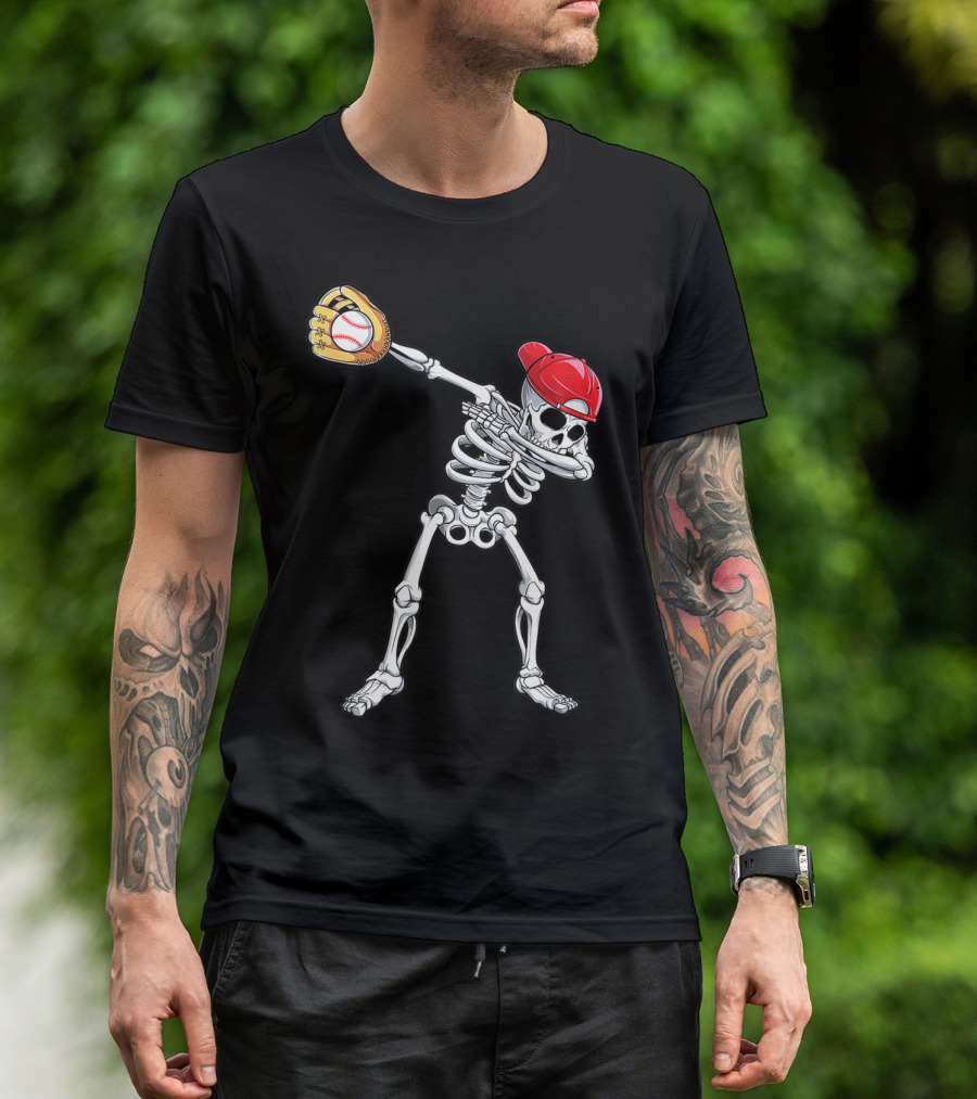 Dabbing Skeleton Baseball Halloween Boys Red Hat T-Shirt
