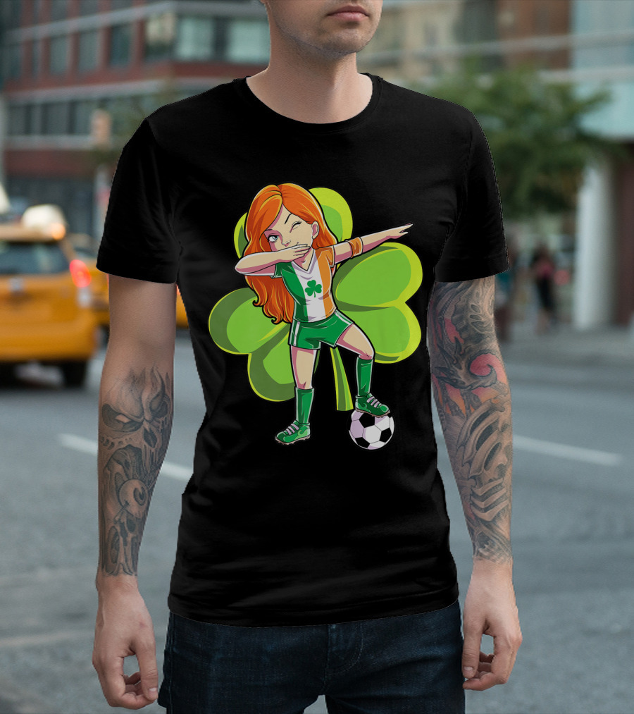 Dabbing Soccer Girl St Patricks Day Irish Shamrock T-Shirt