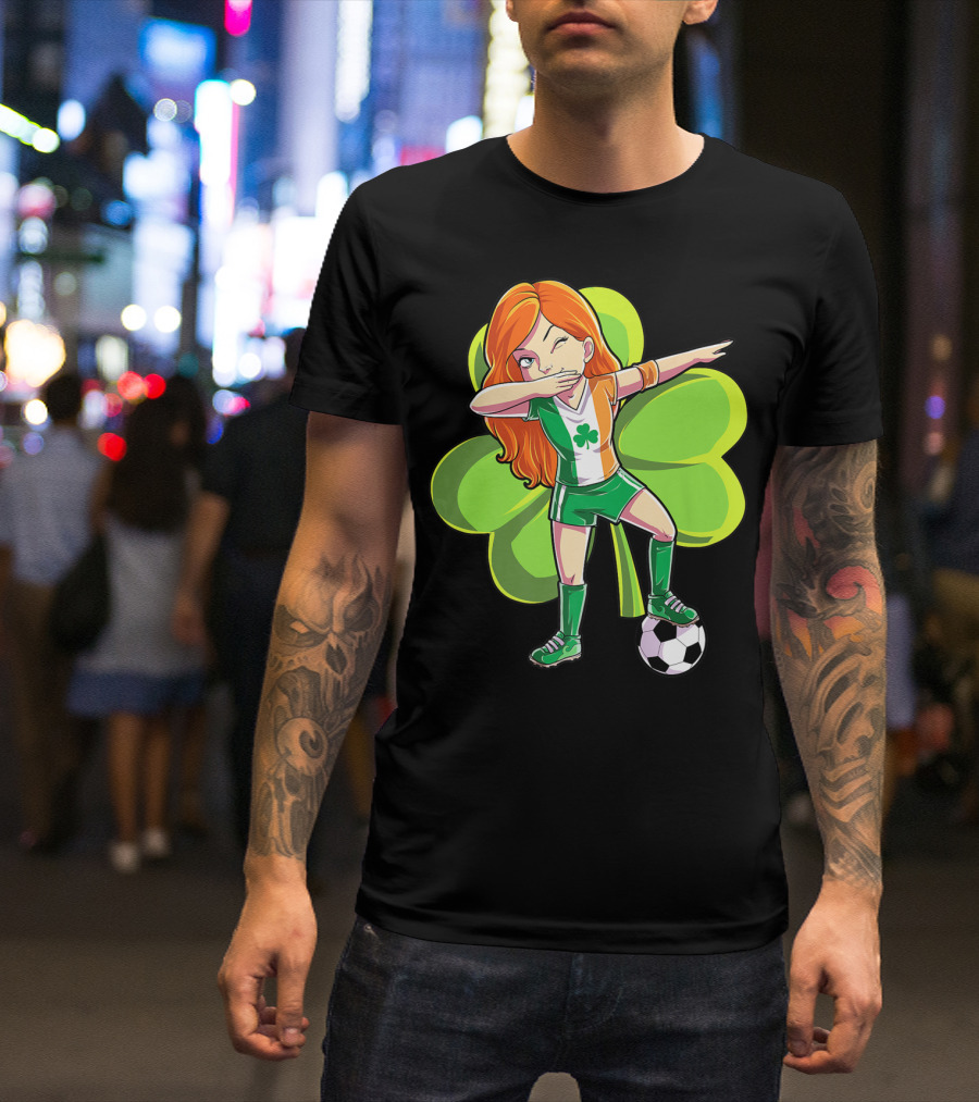 Dabbing Soccer Girl St Patricks Day Irish Shamrock T-Shirt