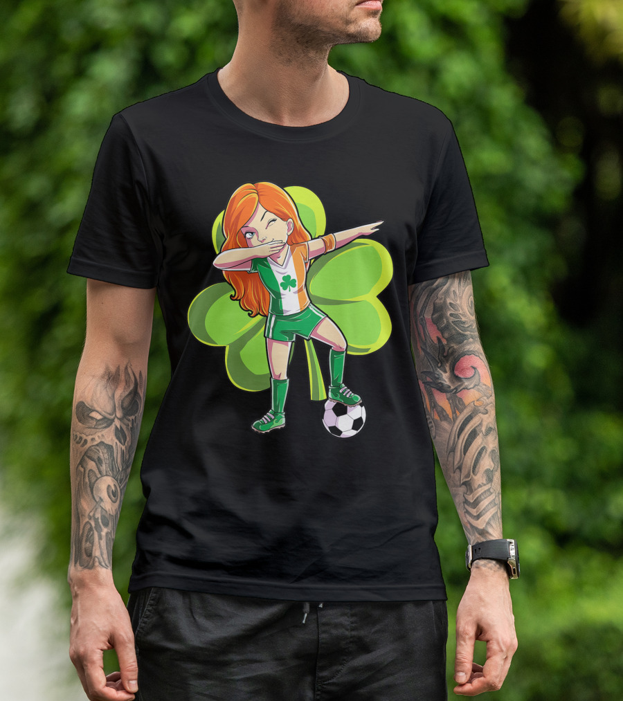 Dabbing Soccer Girl St Patricks Day Irish Shamrock T-Shirt