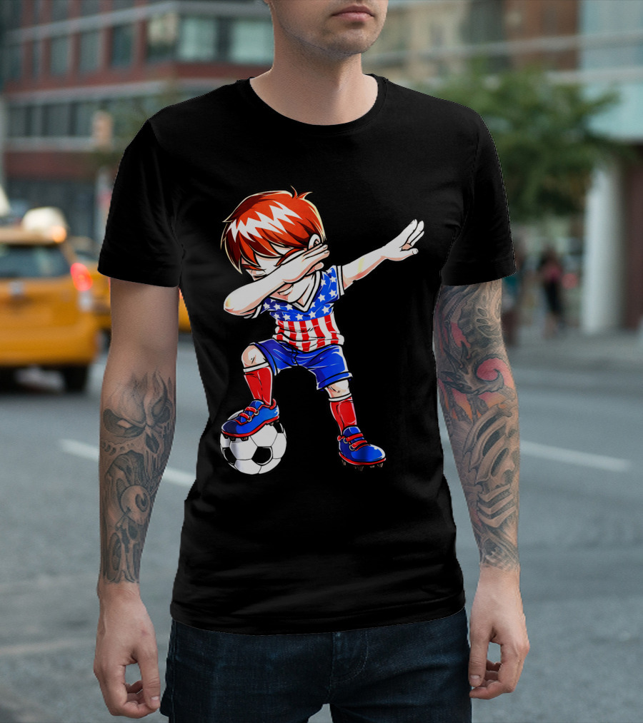 Dabbing Soccer Kids 4th of July Merica USA Flag Football T-Shirt