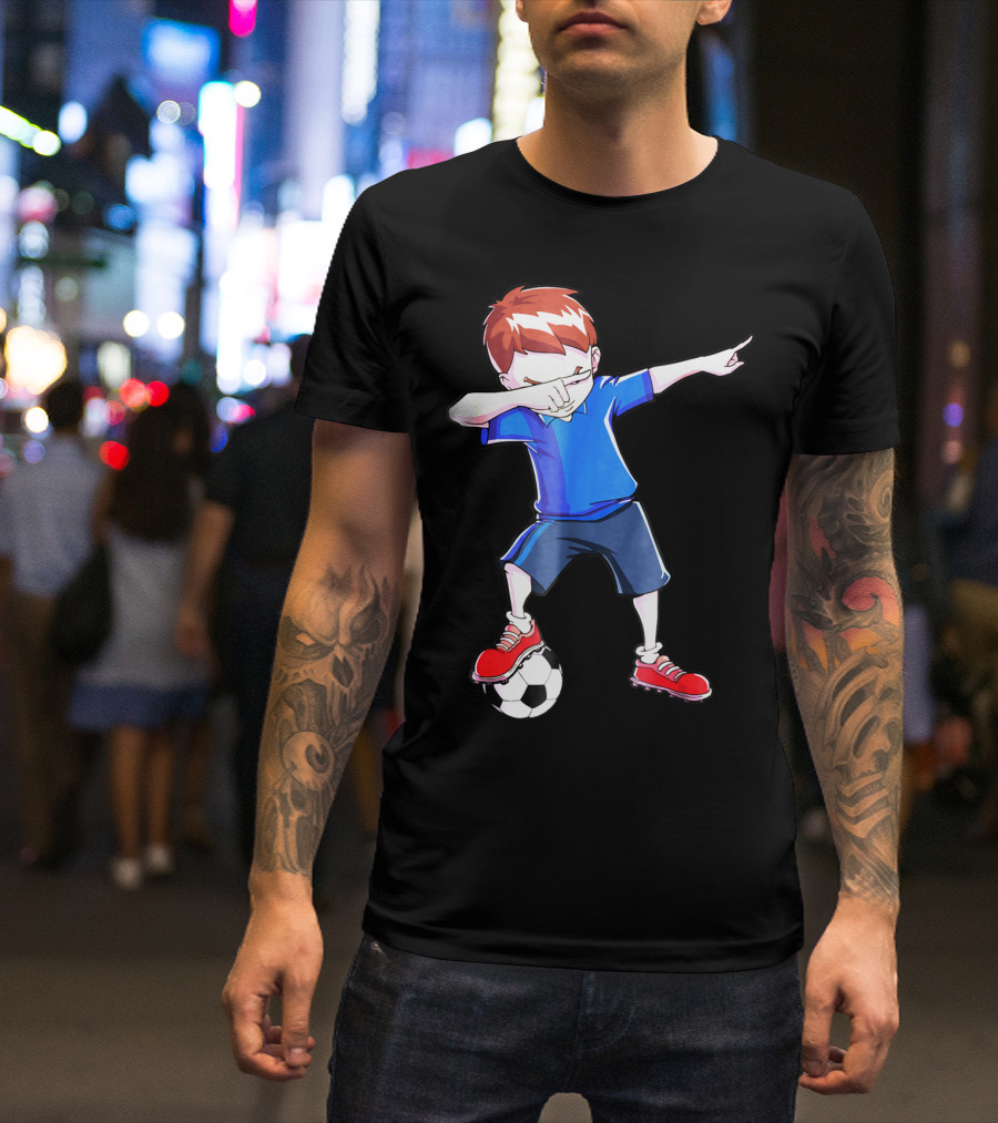 Dabbing Soccer Dab Funny Football Kid In Blue Shirt And Red Shoes T-Shirt