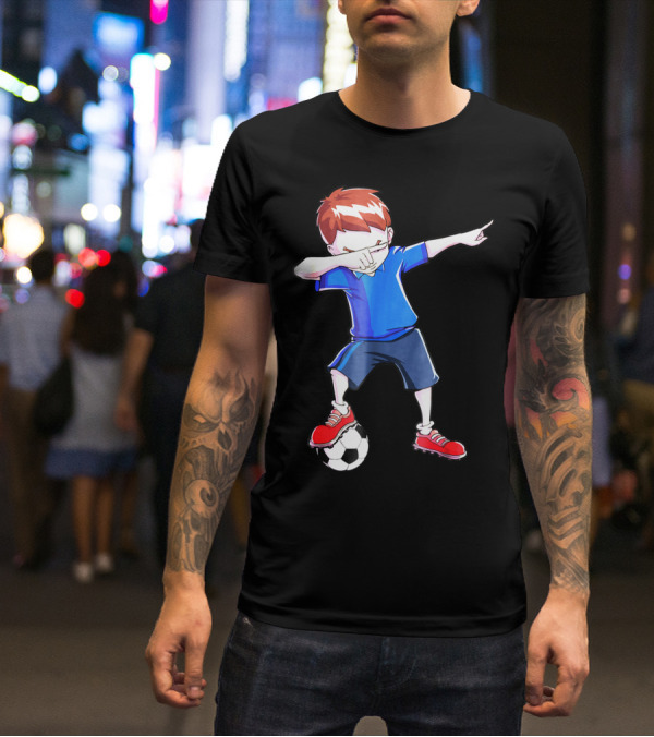 Dabbing Soccer Dab Funny Football Kid In Blue Shirt And Red Shoes T-Shirt