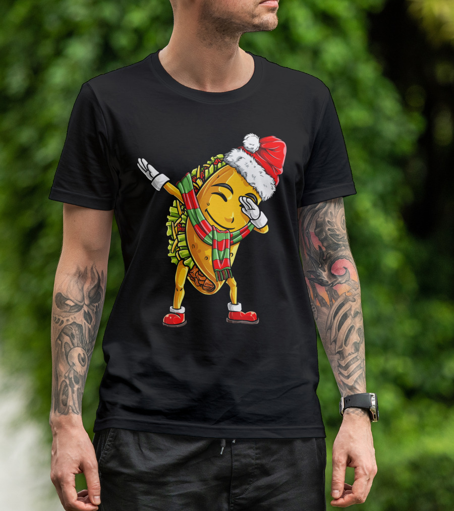Dabbing Santa Taco With Christmas Hat And Scarf T-Shirt