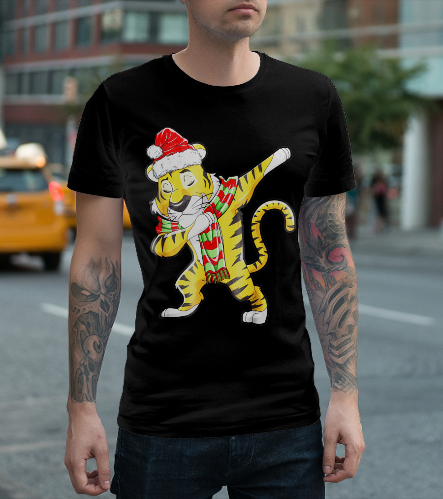 Dabbing Tiger Santa in Santa Hat and Festive Scarf T-Shirt