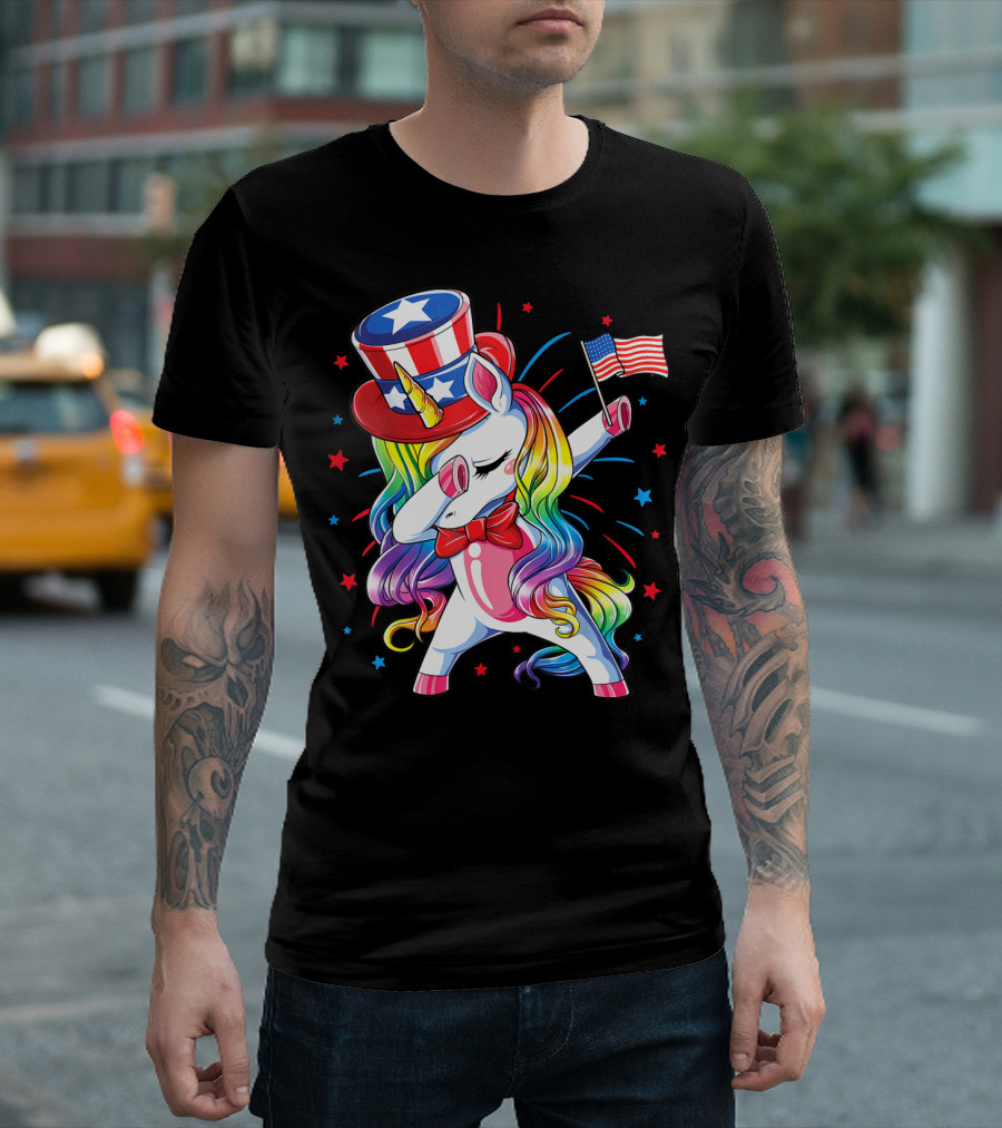 Dabbing Unicorn Uncle Sam Top Hat American Flag 4th Of July Girls Kids Women T-Shirt