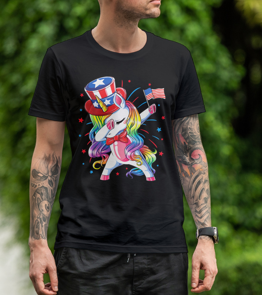 Dabbing Unicorn Uncle Sam Top Hat American Flag 4th Of July Girls Kids Women T-Shirt
