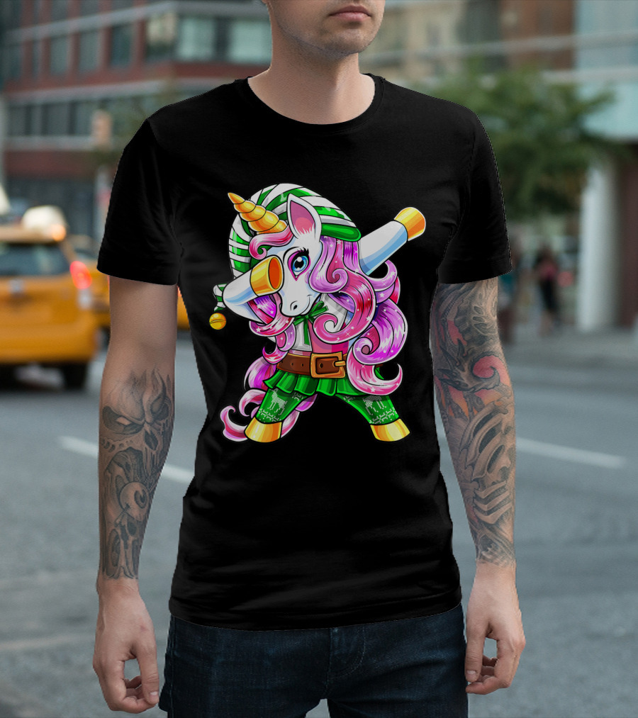 Dabbing Unicorn Christmas Elf Costume Unicorn Girls Pink Hair Green T-Shirt