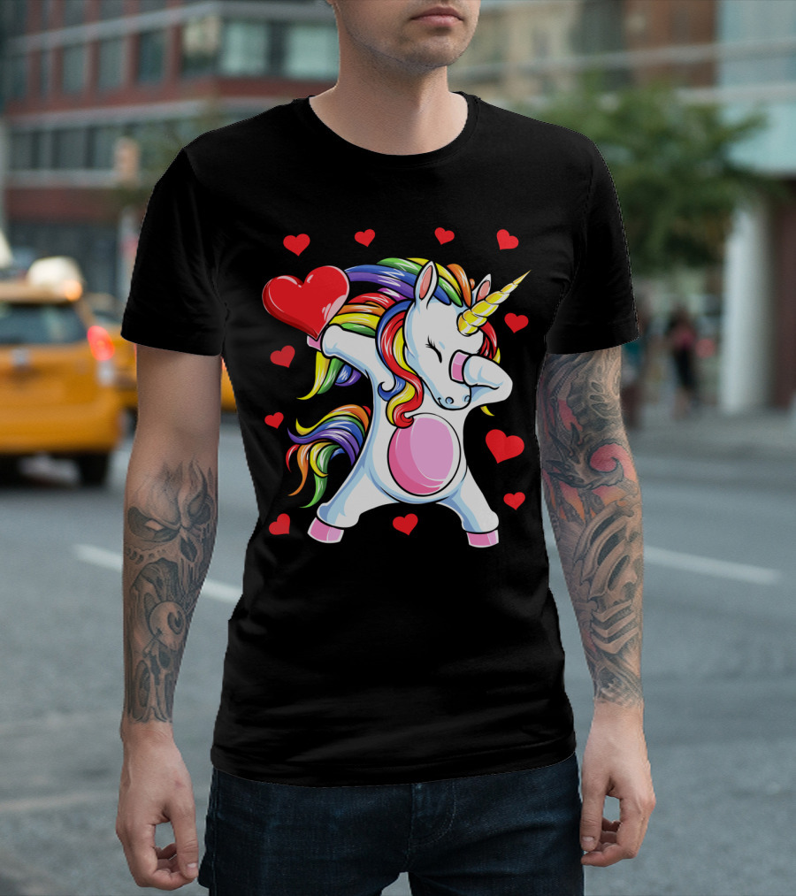 Valentines Day Dabbing Unicorn With Heart And Rainbow Mane T-Shirt