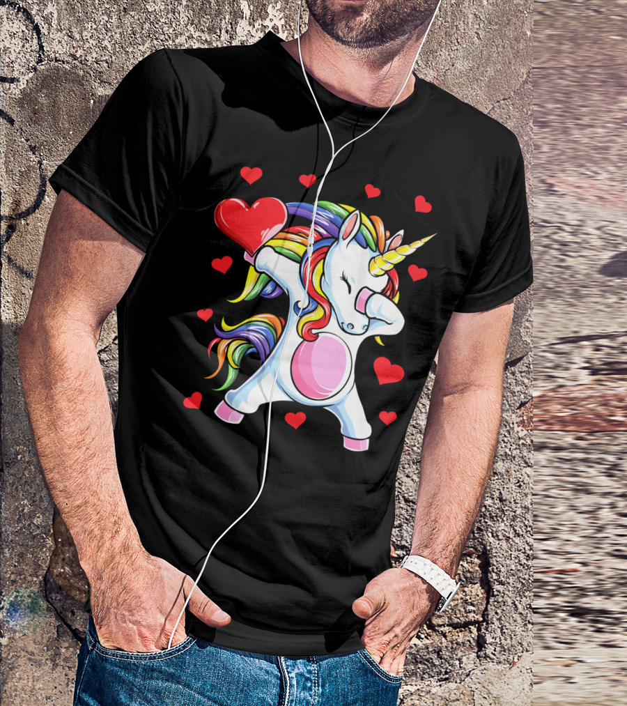 Valentines Day Dabbing Unicorn With Heart And Rainbow Mane T-Shirt