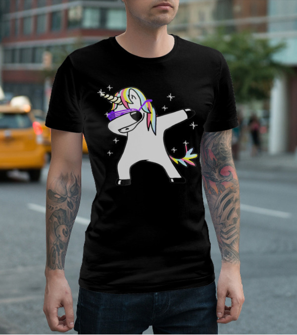 Dabbing Rainbow Unicorn With Sunglasses And Stars T-Shirt