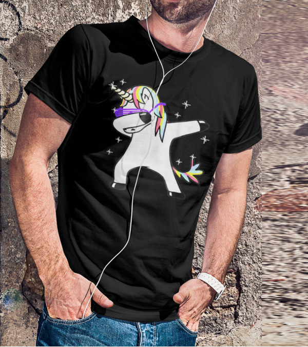 Dabbing Rainbow Unicorn With Sunglasses And Stars T-Shirt