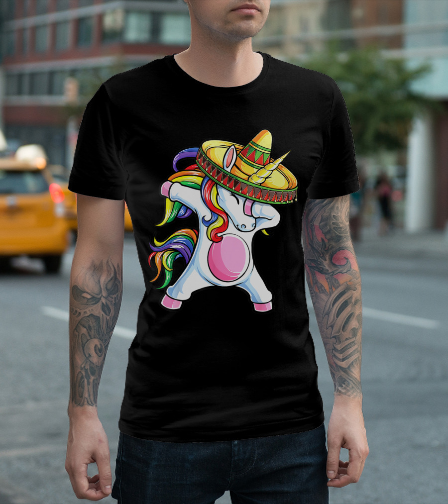 Dabbing Unicorn with Rainbow Hair and Sombrero Celebrating Cinco de Mayo T-Shirt