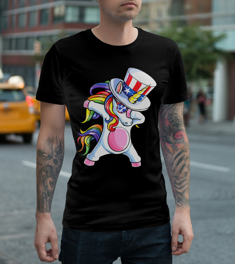 Dabbing Unicorn Uncle Sam Rainbow Hat 4th Of July Kids Girls Boy T-Shirt