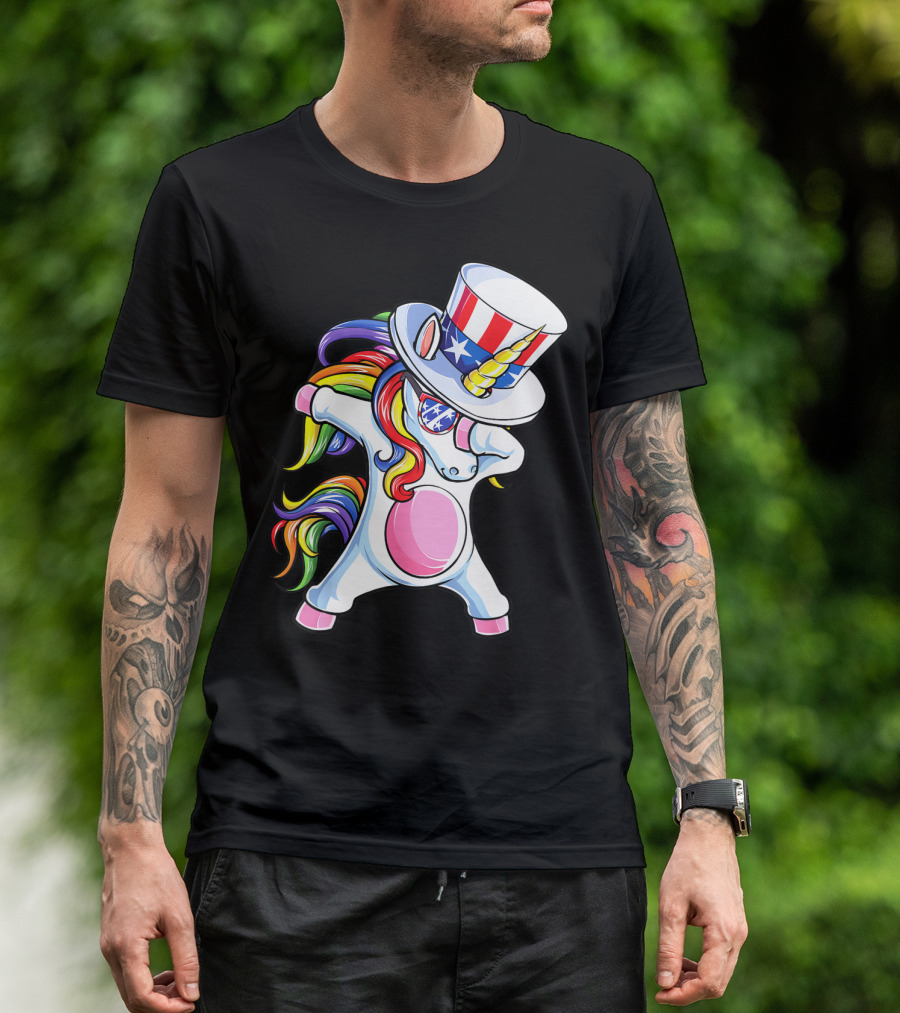 Dabbing Unicorn Uncle Sam Rainbow Hat 4th Of July Kids Girls Boy T-Shirt