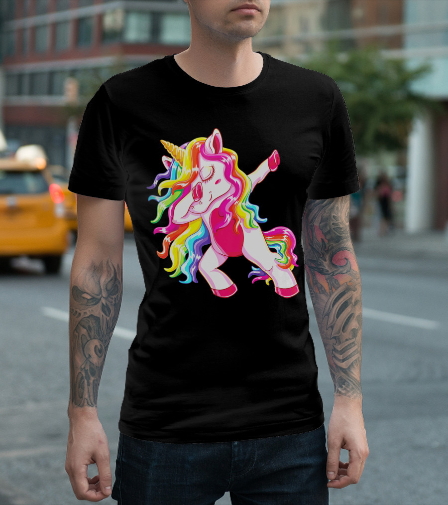 Dabbing Rainbow Unicorn with Long Hair Dab Dance T-Shirt