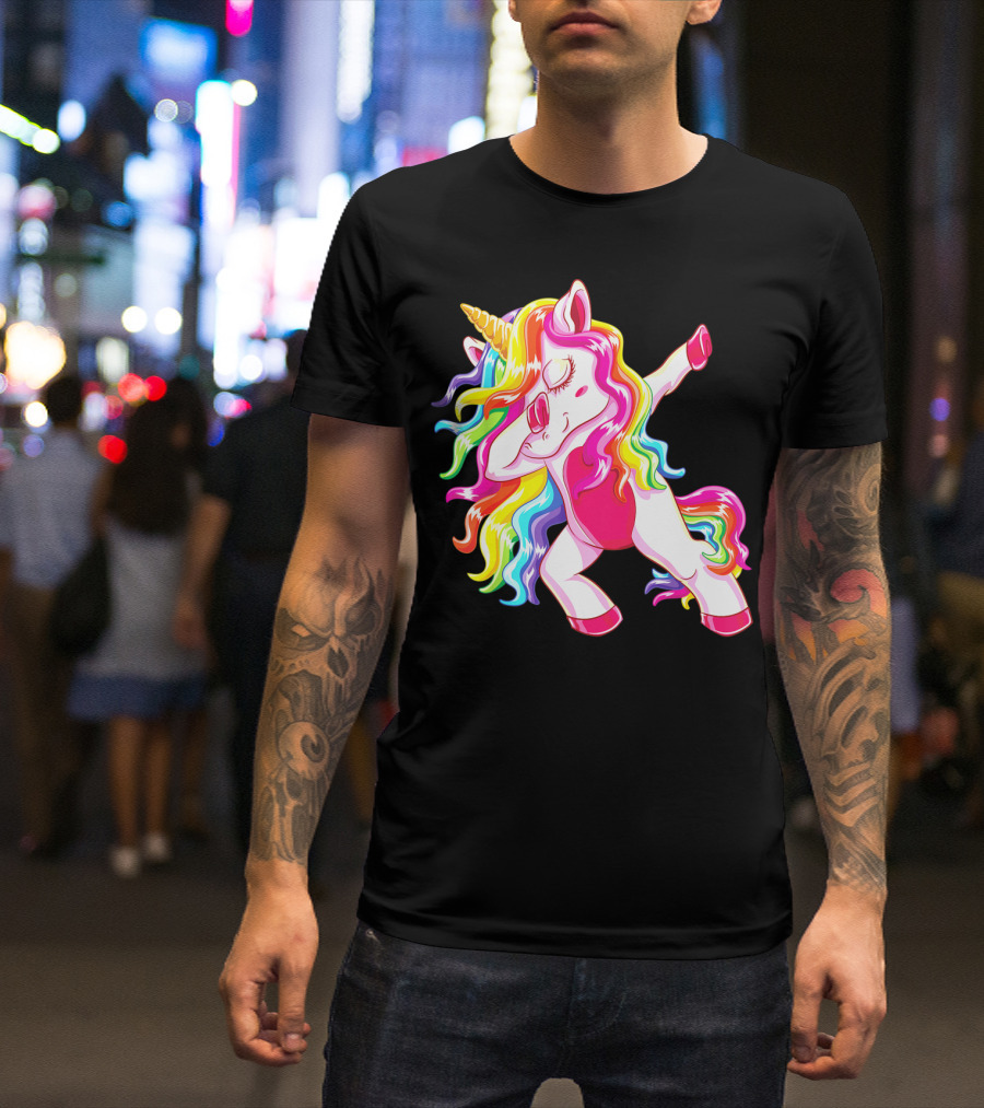 Dabbing Rainbow Unicorn With Long Hair Dab Dance T-Shirt