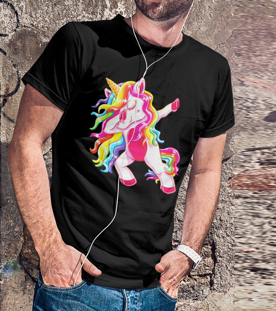 Dabbing Rainbow Unicorn With Long Hair Dab Dance T-Shirt