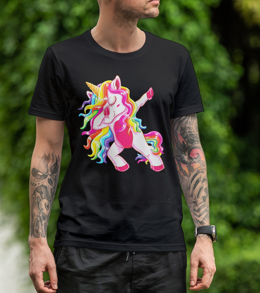 Dabbing Rainbow Unicorn With Long Hair Dab Dance T-Shirt