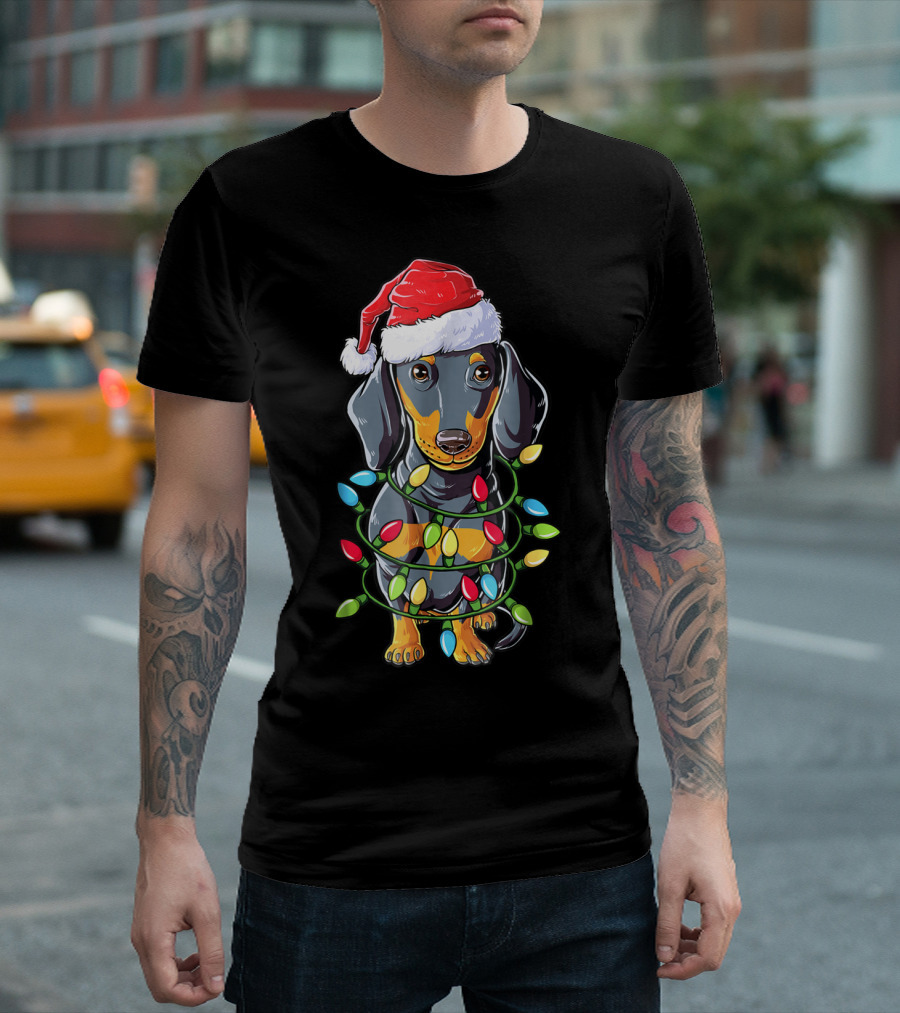 Dachshund Christmas Dog Wrapped In Santa Hat And Xmas Tree Lights T-Shirt