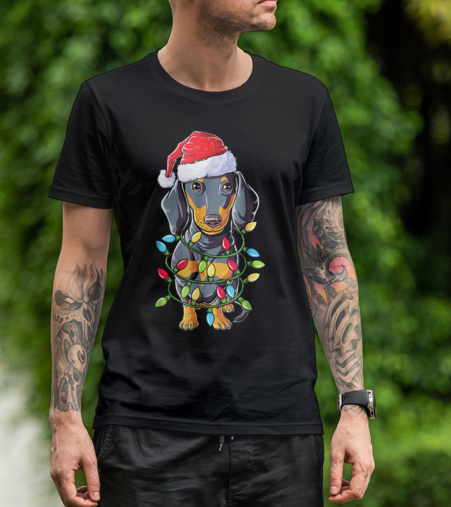 Dachshund Christmas Dog Wrapped In Santa Hat And Xmas Tree Lights T-Shirt