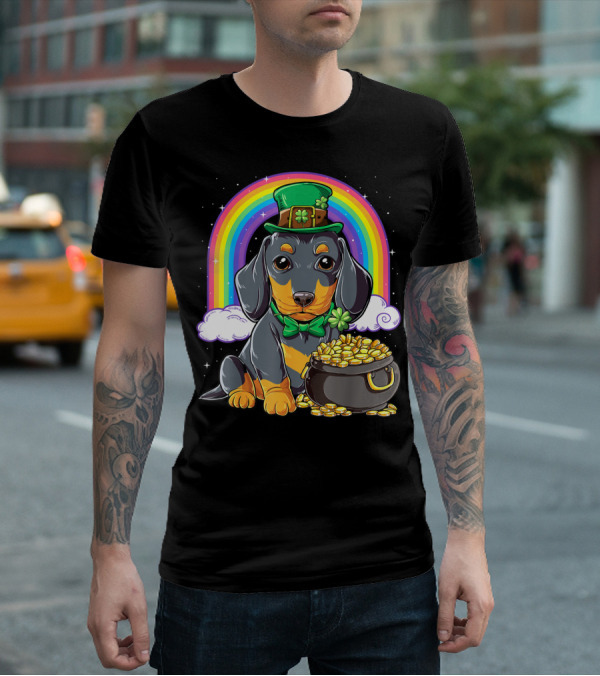Dachshund St Patricks Day Leprechaun Rainbow Pot Of Gold T-Shirt