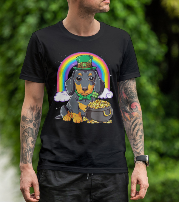 Dachshund St Patricks Day Leprechaun Rainbow Pot Of Gold T-Shirt