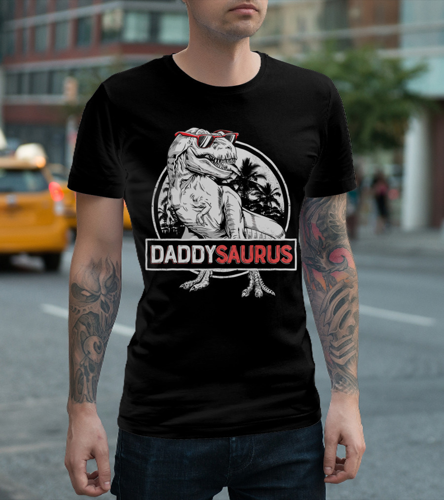Daddysaurus Rex Dinosaur T-Rex Sunglasses Palm Trees T-Shirt